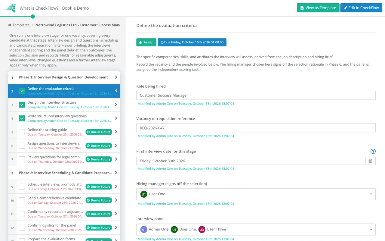 Live demo of the HR Interview Process Checklist in CheckFlow