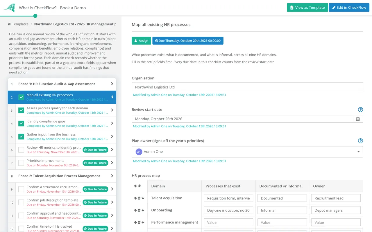 Live demo of the Human Resources Management Plan Checklist in CheckFlow