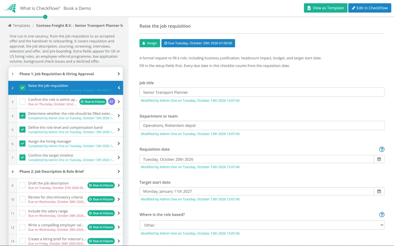 Live demo of the HR Recruitment Process Checklist in CheckFlow