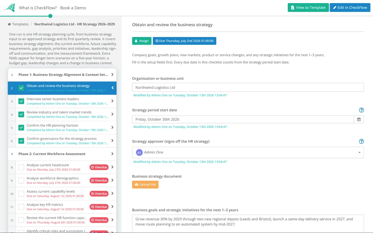 Live demo of the Human Resources Strategy Process Checklist in CheckFlow