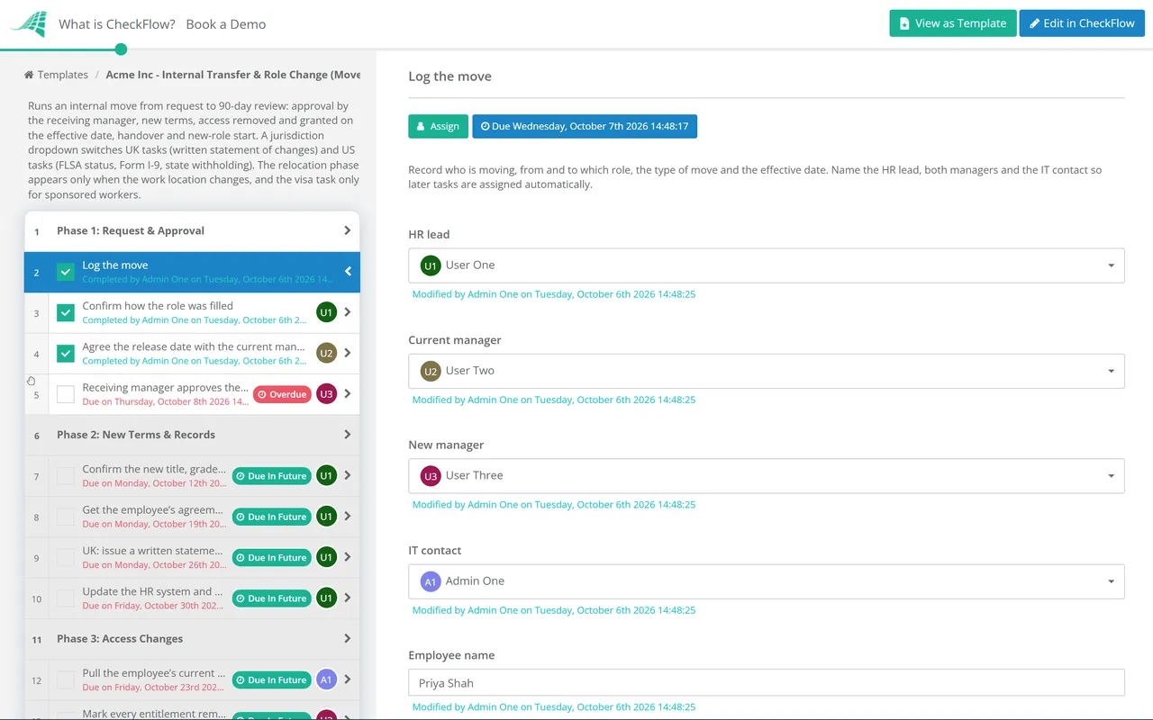 Live demo of the Internal Transfer & Role Change (Mover) Checklist in CheckFlow