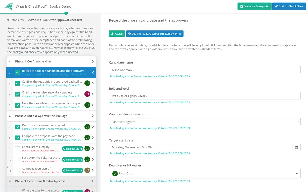 Live demo of the Job Offer Approval Checklist in CheckFlow