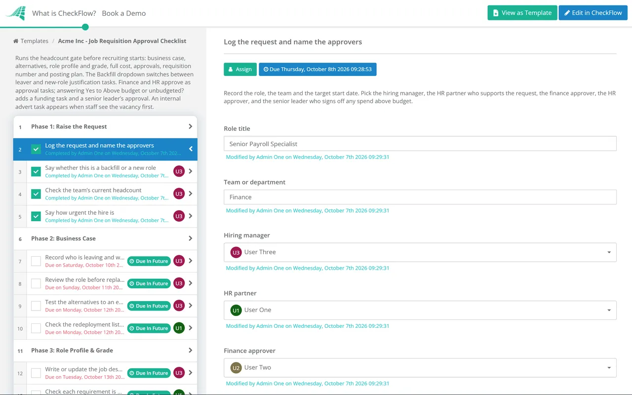 Live demo of the Job Requisition Approval Checklist in CheckFlow