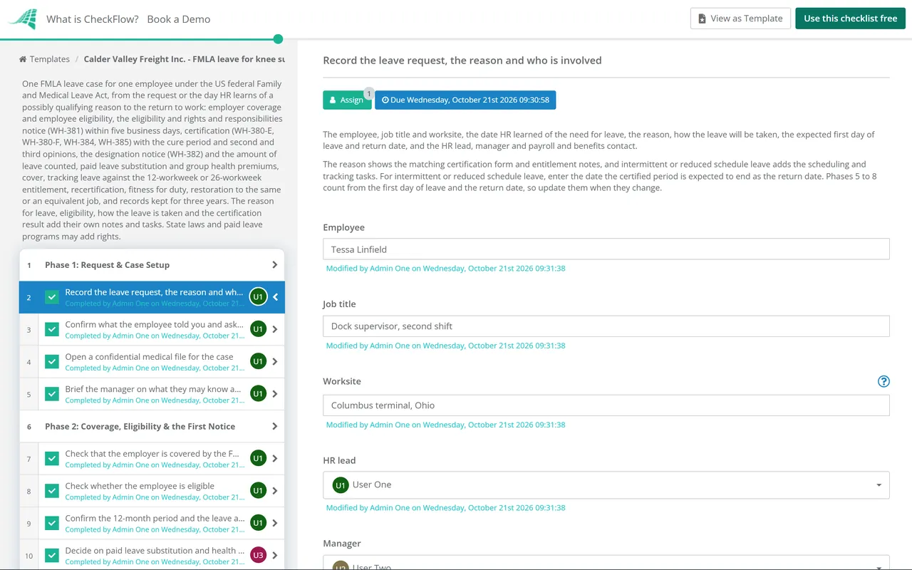 Live demo of the Leave of Absence (FMLA) Checklist in CheckFlow