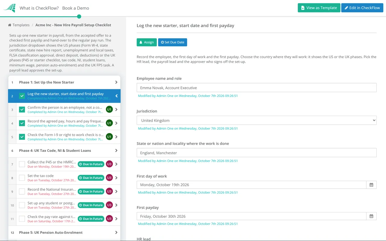 Live demo of the New Hire Payroll Setup Checklist in CheckFlow