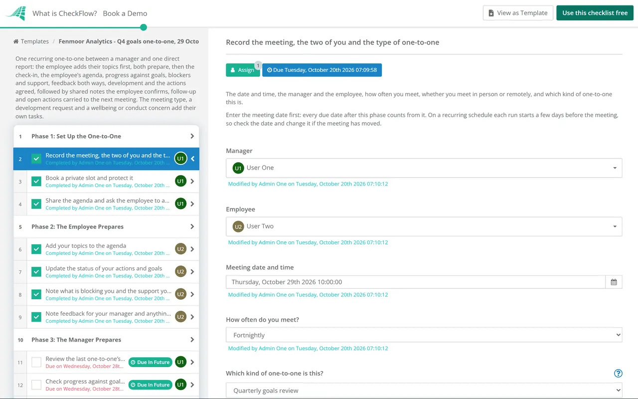 Live demo of the One-on-One Meeting Checklist in CheckFlow