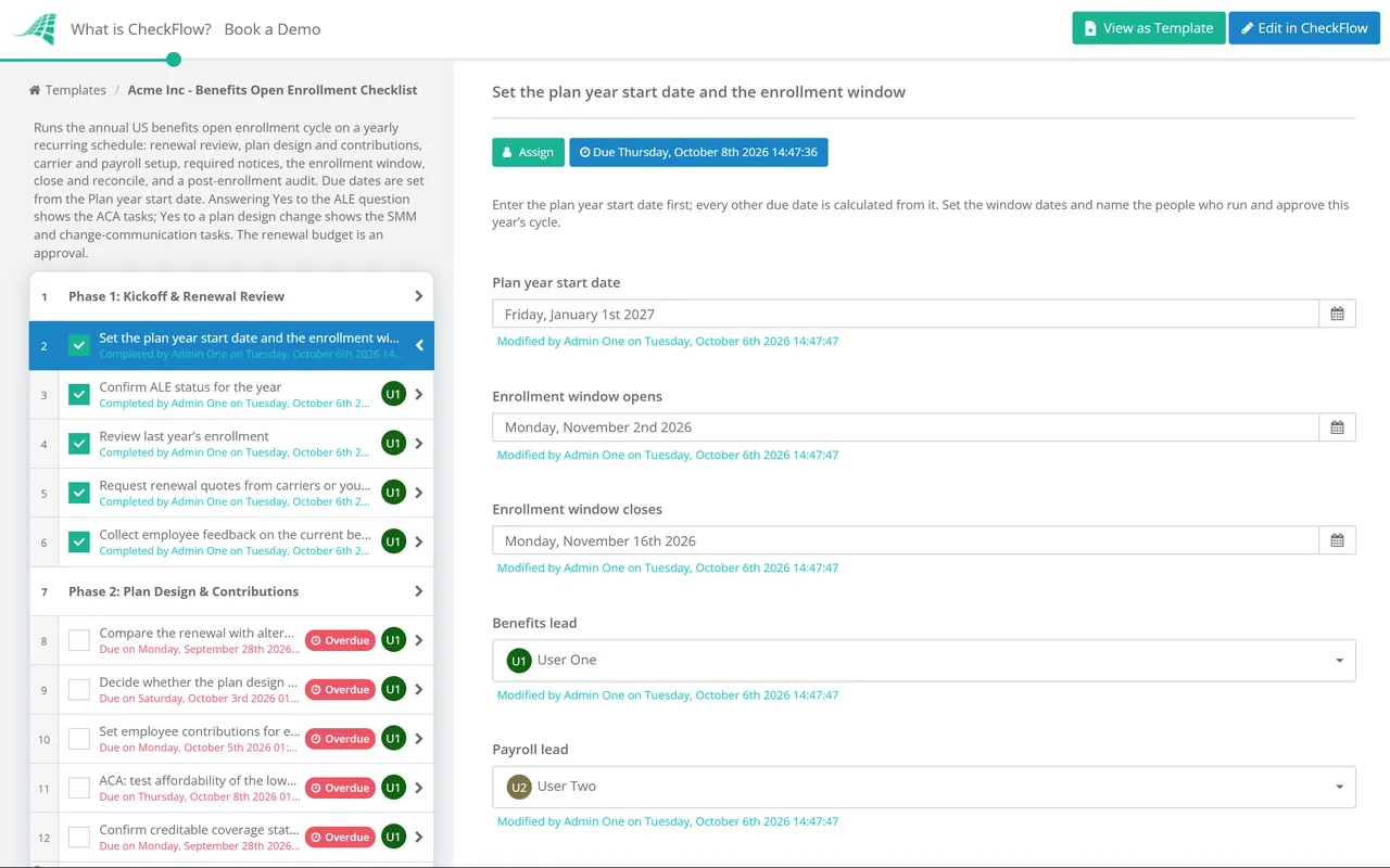 Live demo of the Benefits Open Enrollment Checklist in CheckFlow