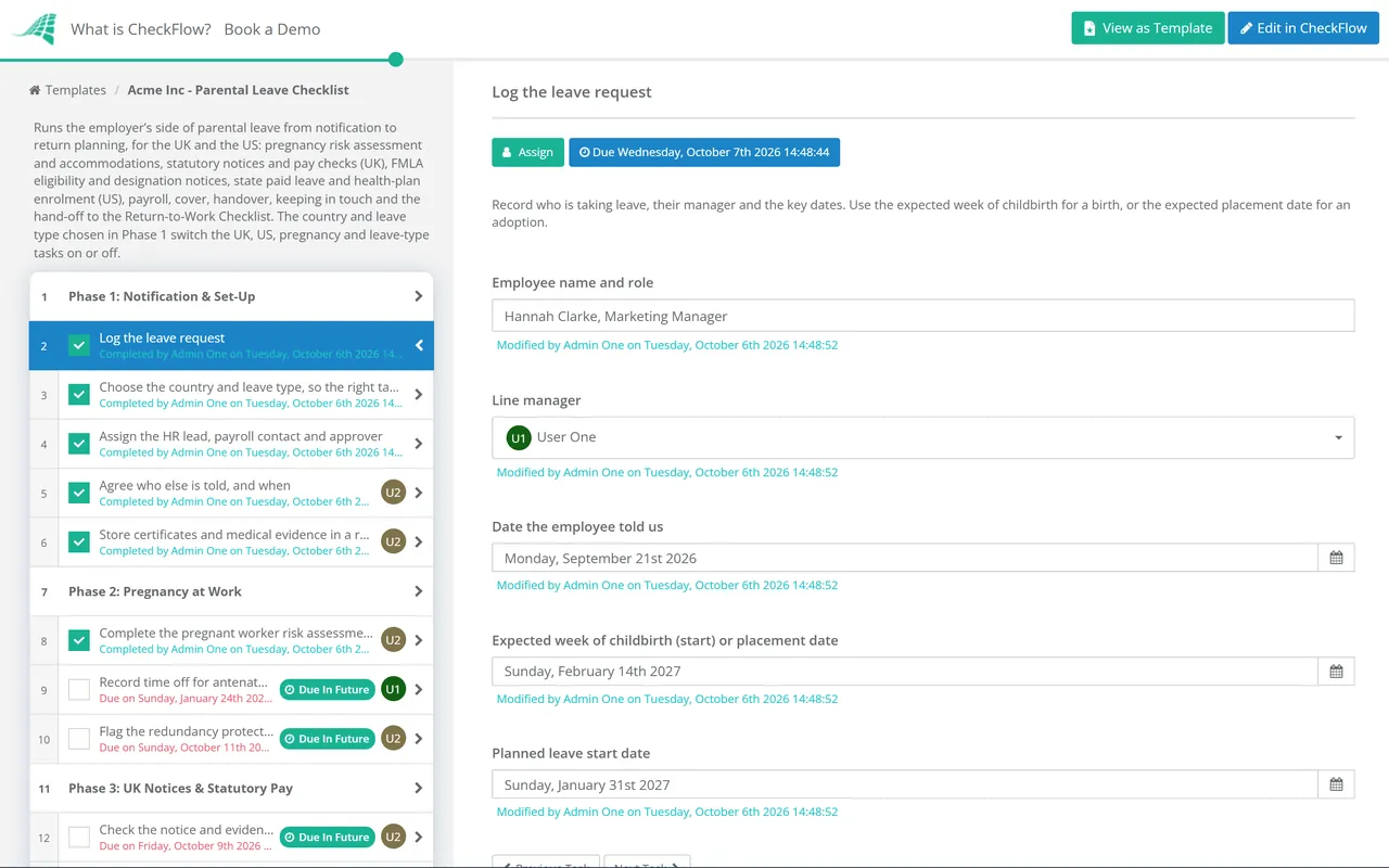 Live demo of the Parental Leave Checklist in CheckFlow