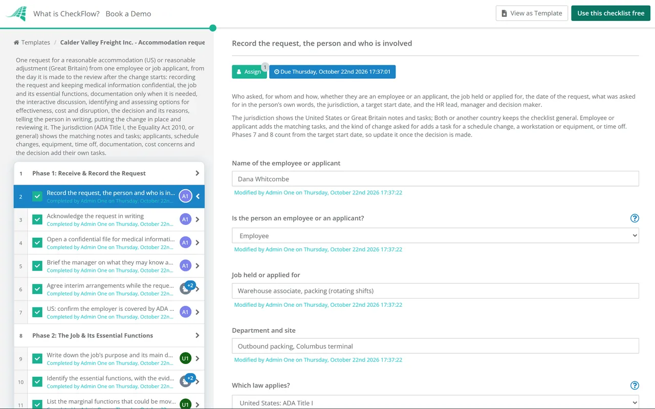 Live demo of the Reasonable Accommodation Request Checklist in CheckFlow