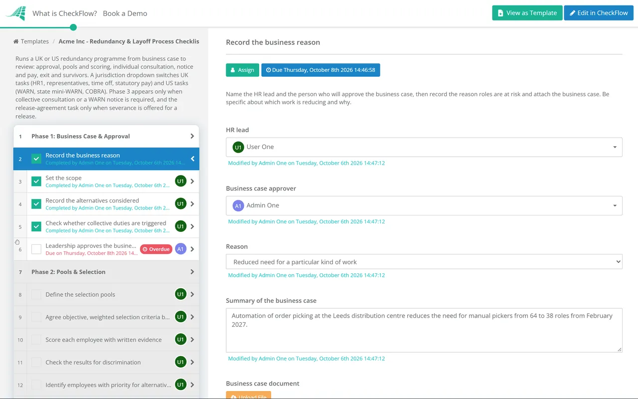 Live demo of the Redundancy & Layoff Process Checklist in CheckFlow