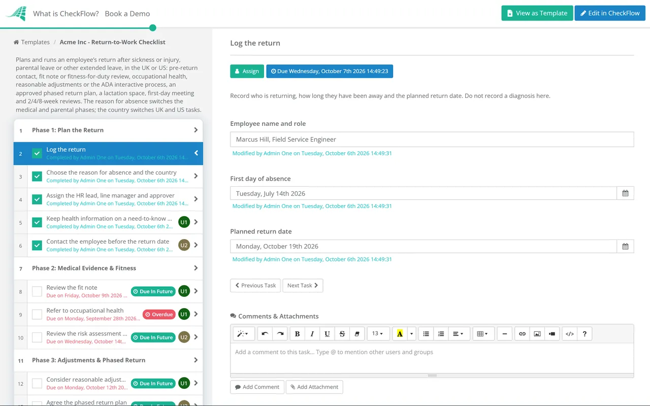 Live demo of the Return-to-Work Checklist in CheckFlow