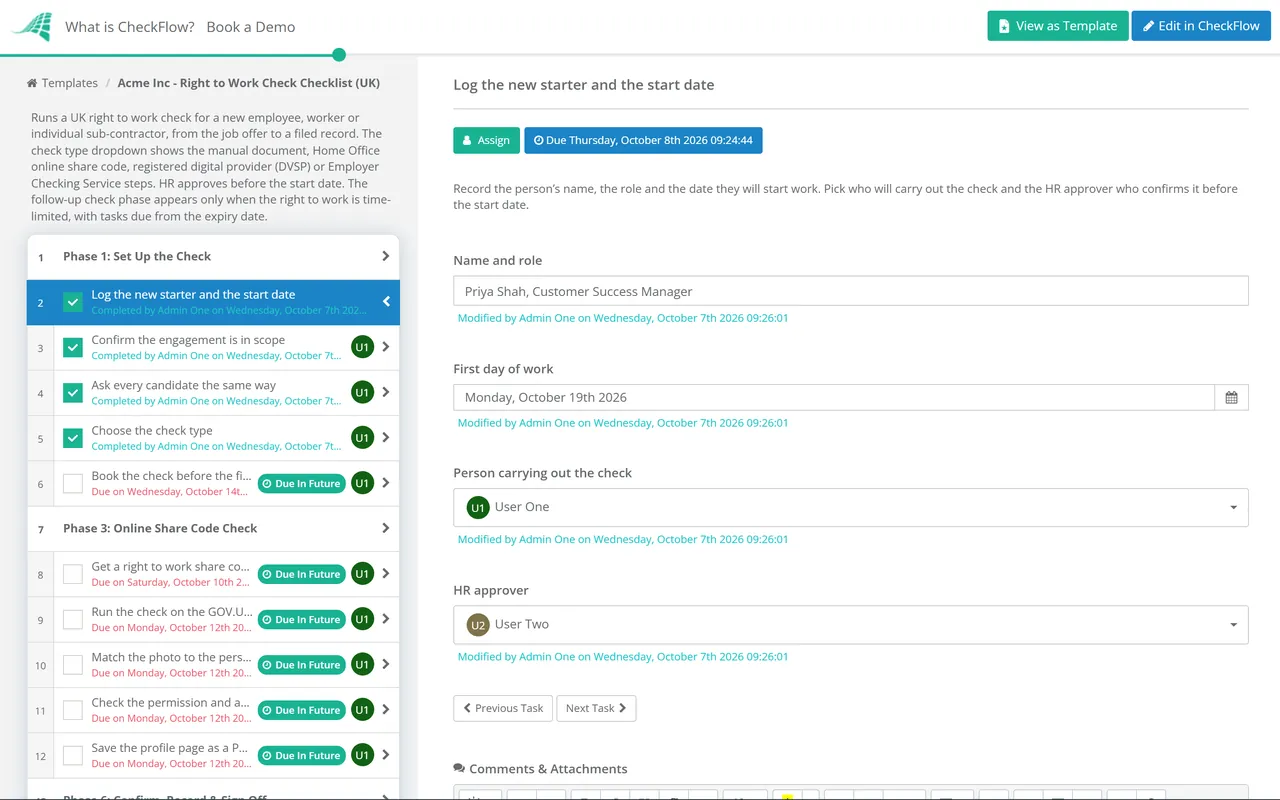 Live demo of the Right to Work Check Checklist (UK) in CheckFlow