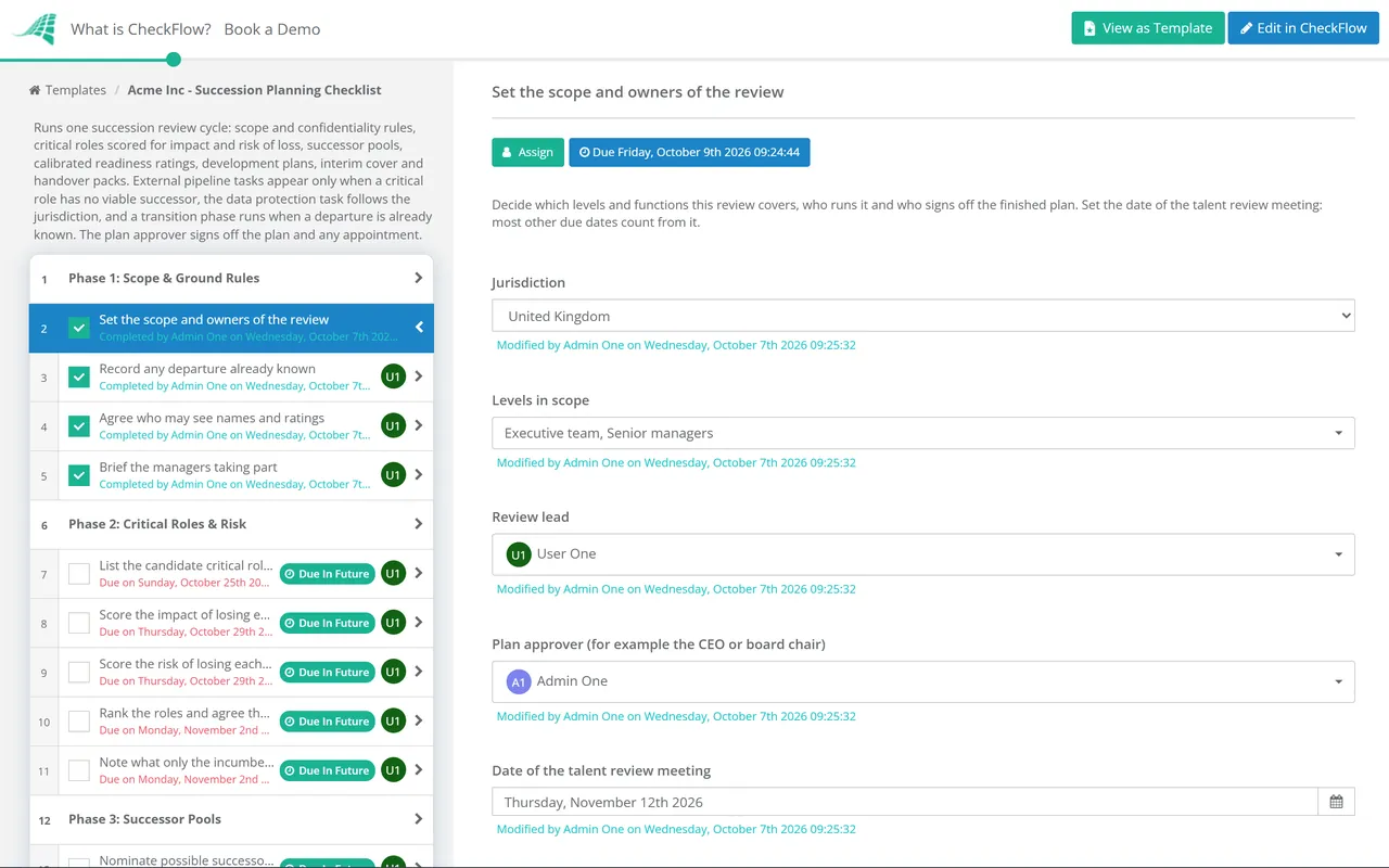 Live demo of the Succession Planning Checklist in CheckFlow