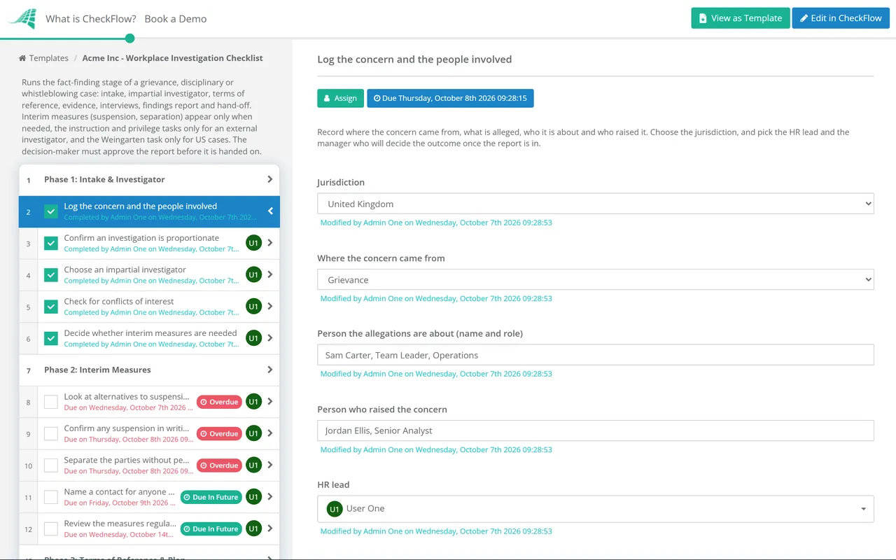 Live demo of the Workplace Investigation Checklist in CheckFlow