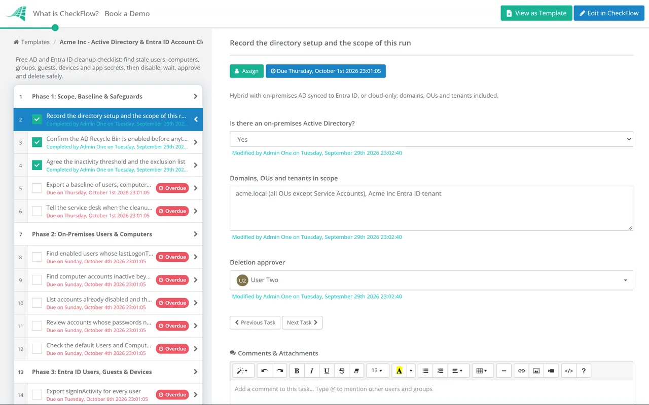 Live demo of the Active Directory & Entra ID Account Cleanup Checklist in CheckFlow