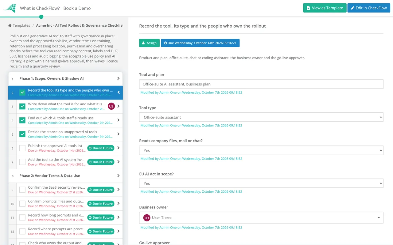 Live demo of the AI Tool Rollout & Governance Checklist in CheckFlow