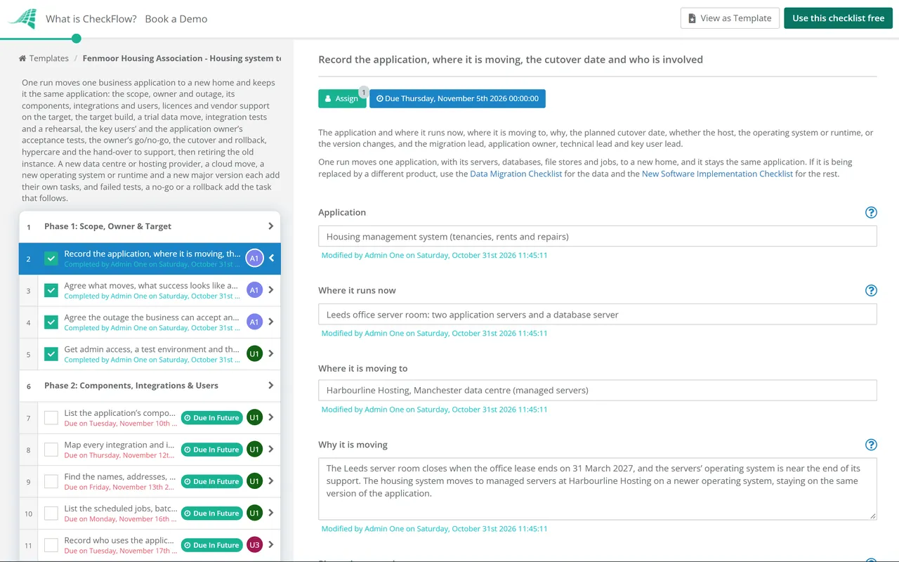 Live demo of the Application Migration Checklist in CheckFlow