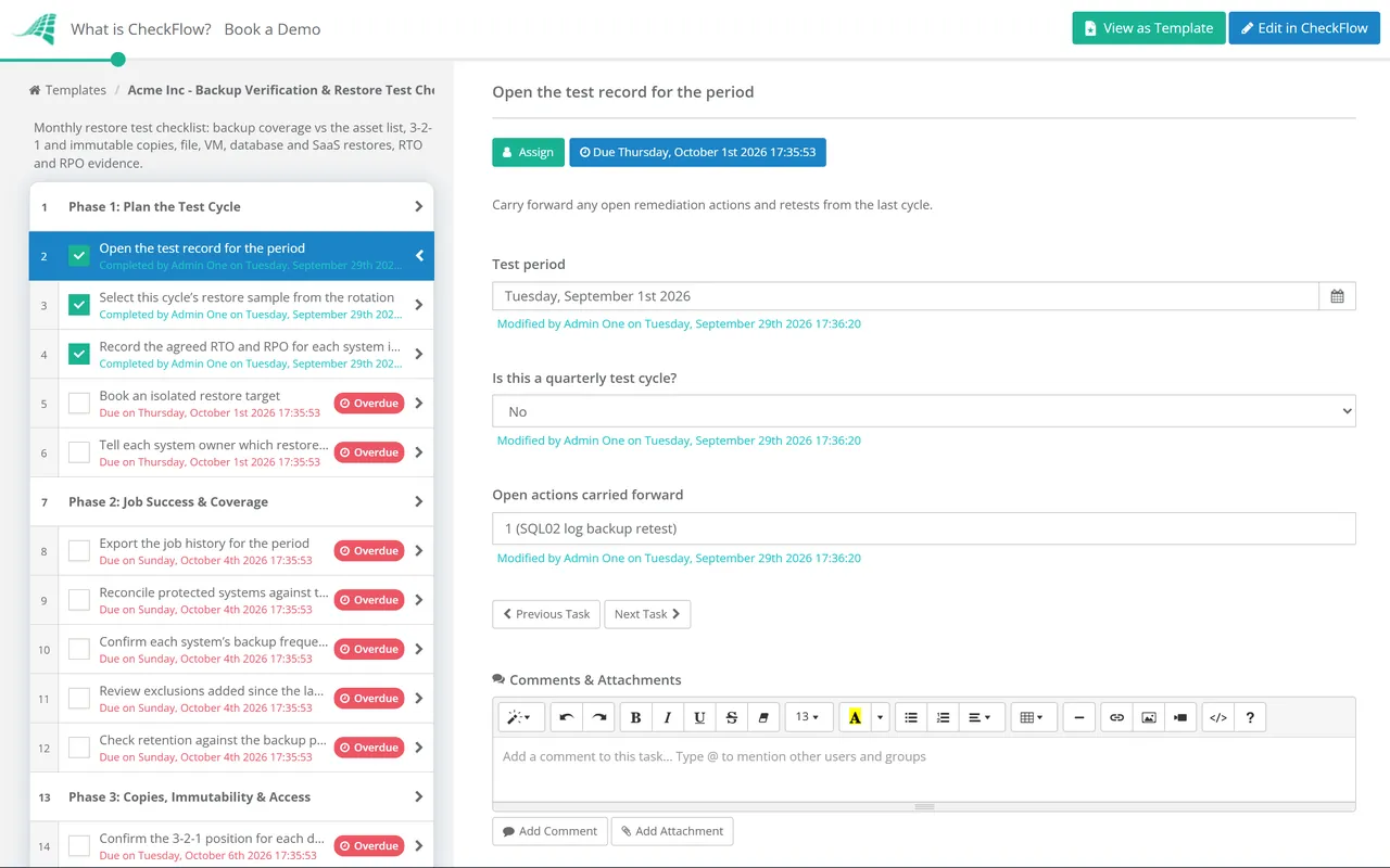 Live demo of the Backup Verification & Restore Test Checklist in CheckFlow