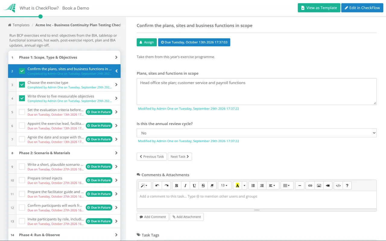 Live demo of the Business Continuity Plan Testing Checklist in CheckFlow