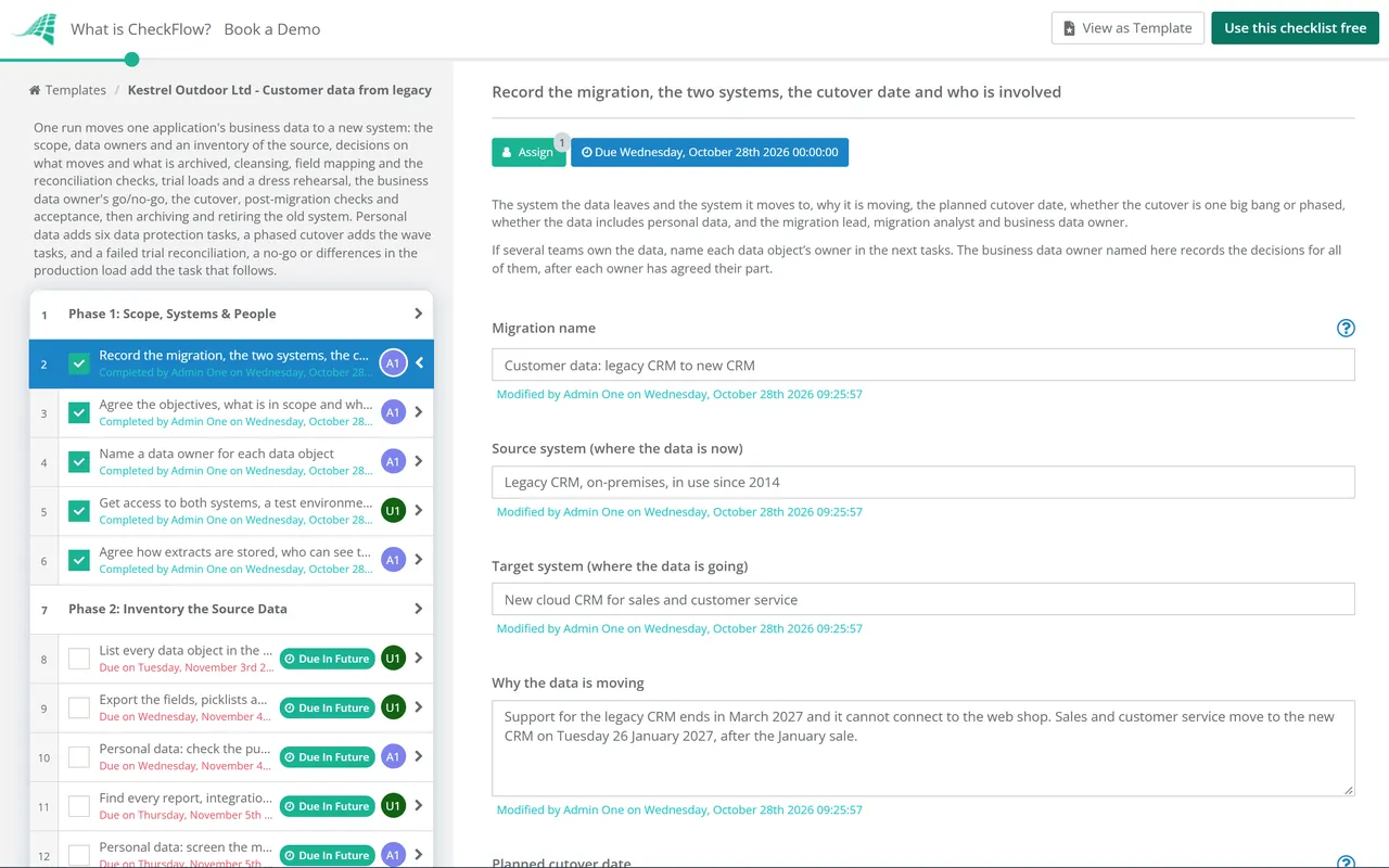 Live demo of the Data Migration Checklist in CheckFlow