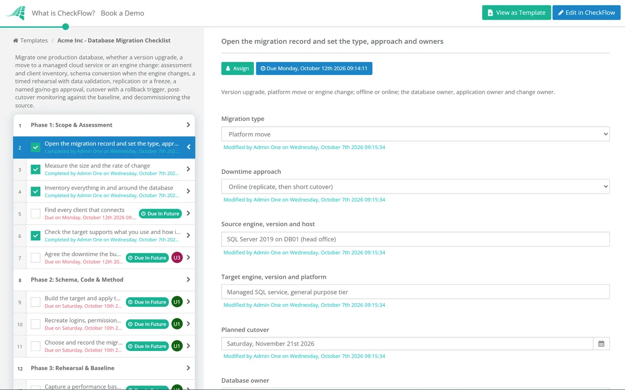 Live demo of the Database Migration Checklist in CheckFlow