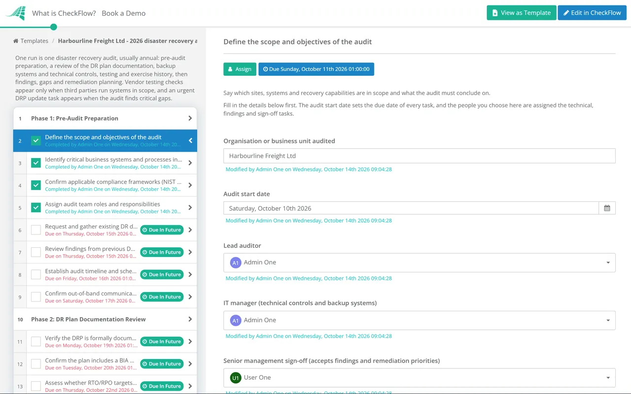Live demo of the Disaster Recovery Audit Checklist in CheckFlow