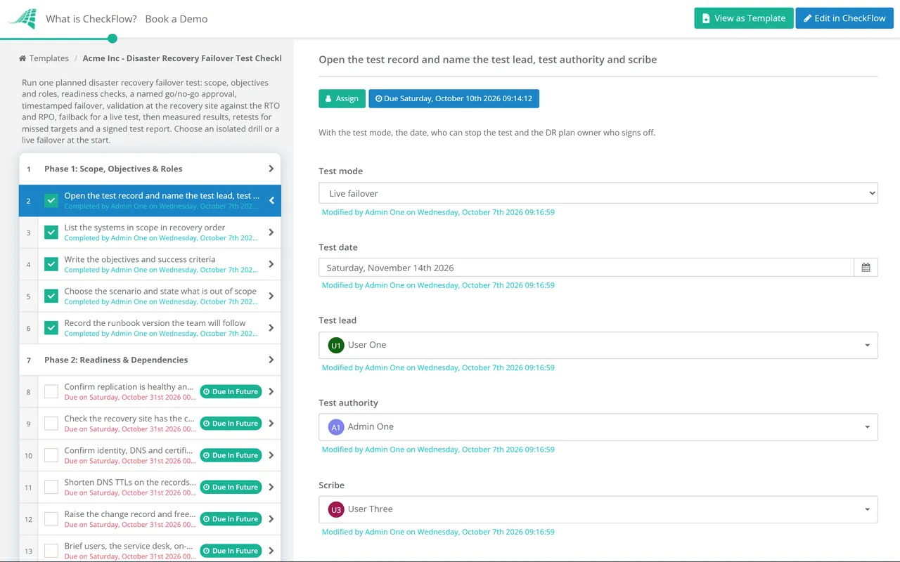 Live demo of the Disaster Recovery Failover Test Checklist in CheckFlow
