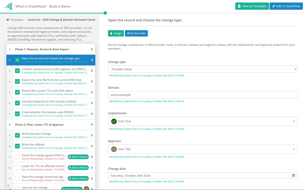Live demo of the DNS Change & Domain Renewal Checklist in CheckFlow