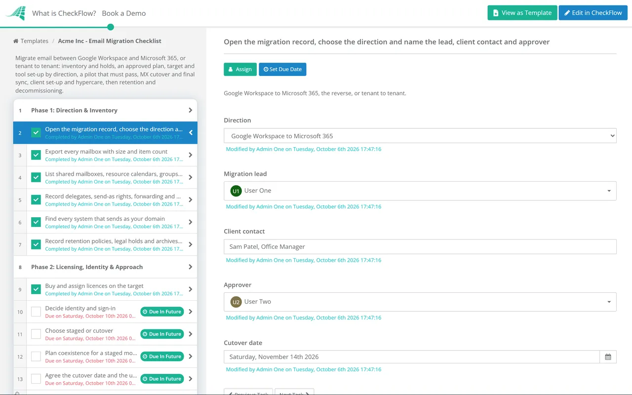 Live demo of the Email Migration Checklist Template for Google Workspace & Microsoft 365 in CheckFlow