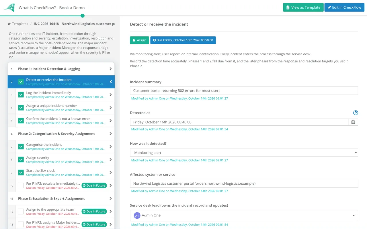 Live demo of the IT Incident Management Process Checklist in CheckFlow