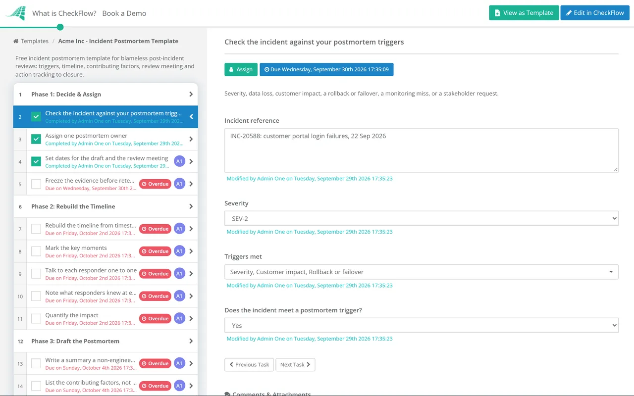 Live demo of the Incident Postmortem Template: Blameless Post-Incident Review in CheckFlow