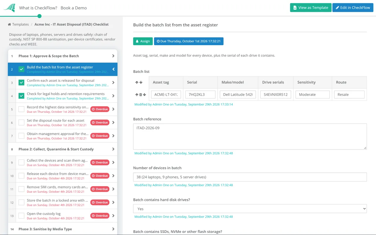 Live demo of the IT Asset Disposal (ITAD) Checklist in CheckFlow
