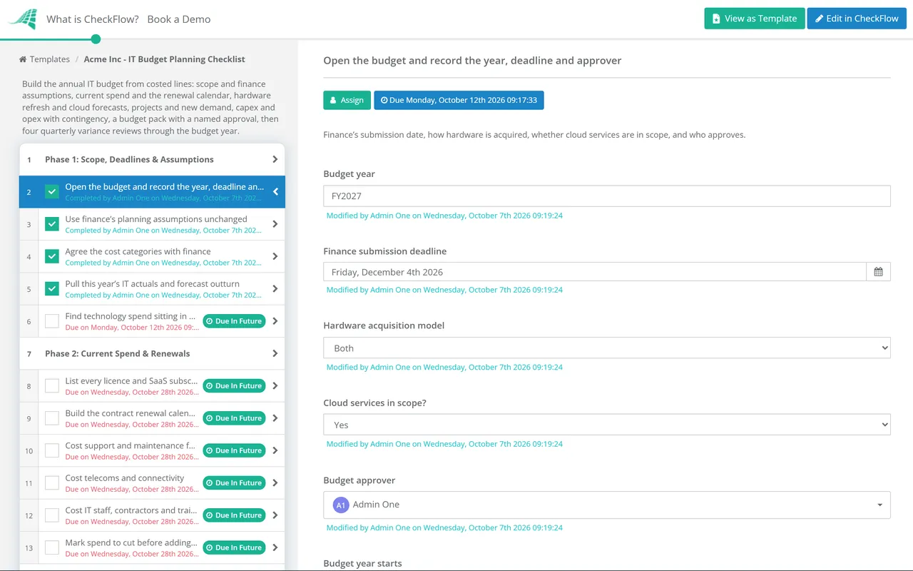 Live demo of the IT Budget Planning Checklist in CheckFlow
