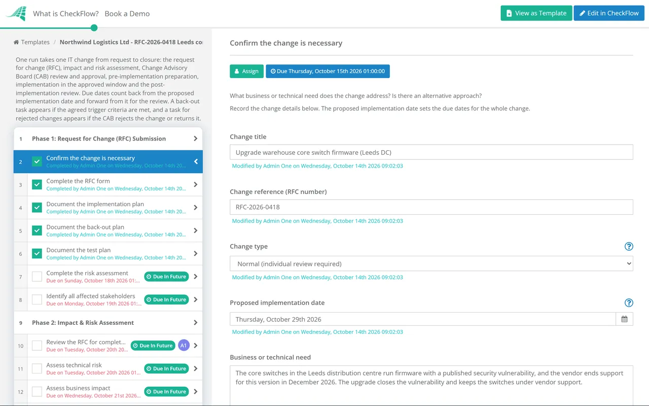 Live demo of the IT Change Management Process Checklist in CheckFlow