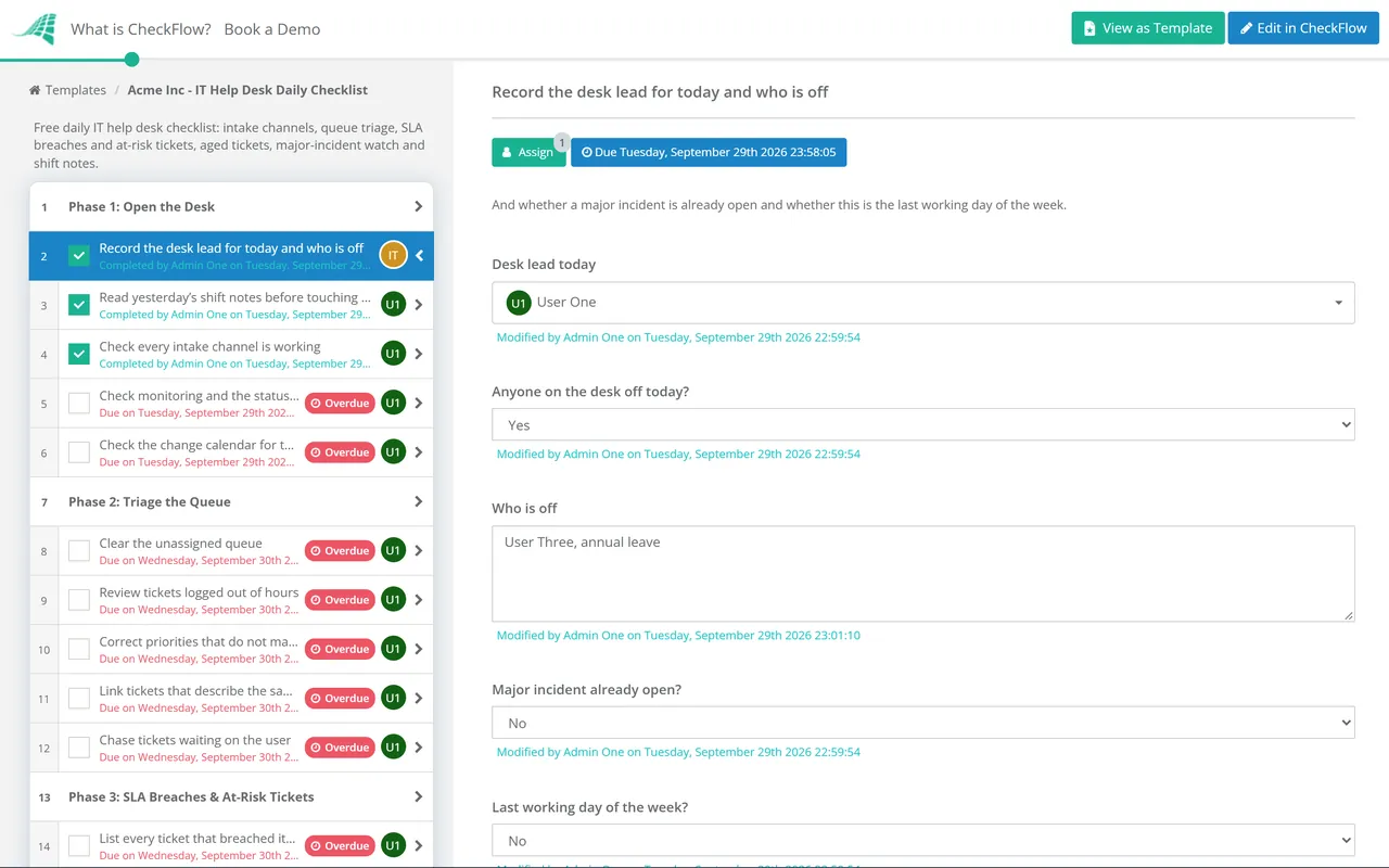 Live demo of the IT Help Desk Daily Checklist in CheckFlow