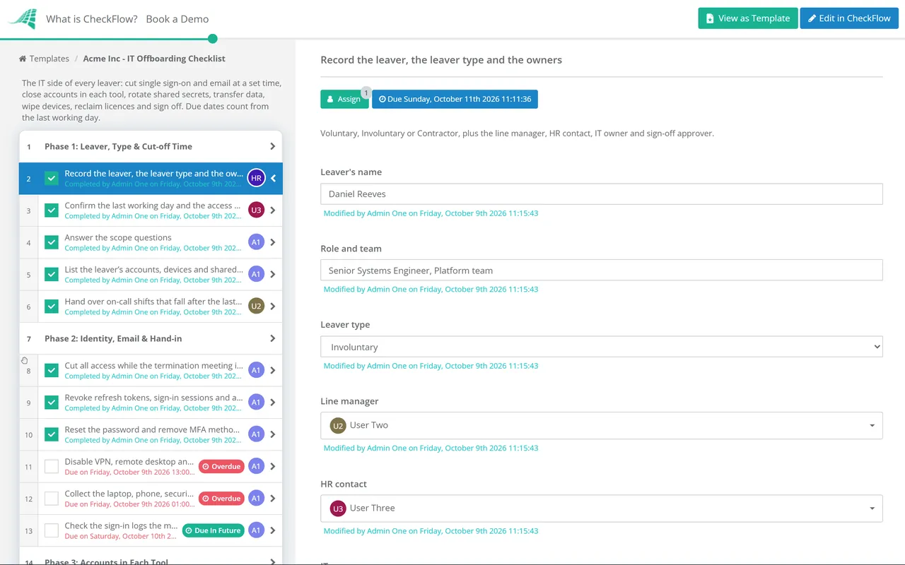 Live demo of the IT Offboarding Checklist in CheckFlow
