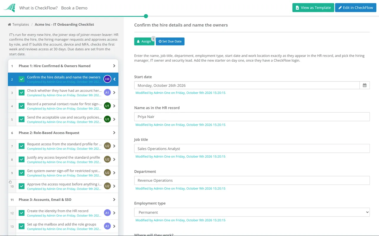 Live demo of the IT Onboarding Checklist in CheckFlow