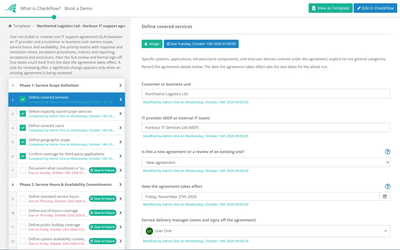 Live demo of the IT Support Agreement Checklist in CheckFlow