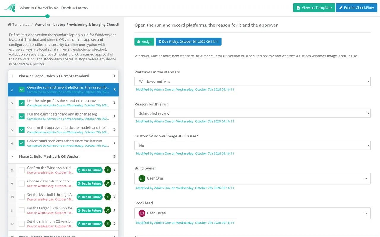 Live demo of the Laptop Provisioning & Imaging Checklist in CheckFlow