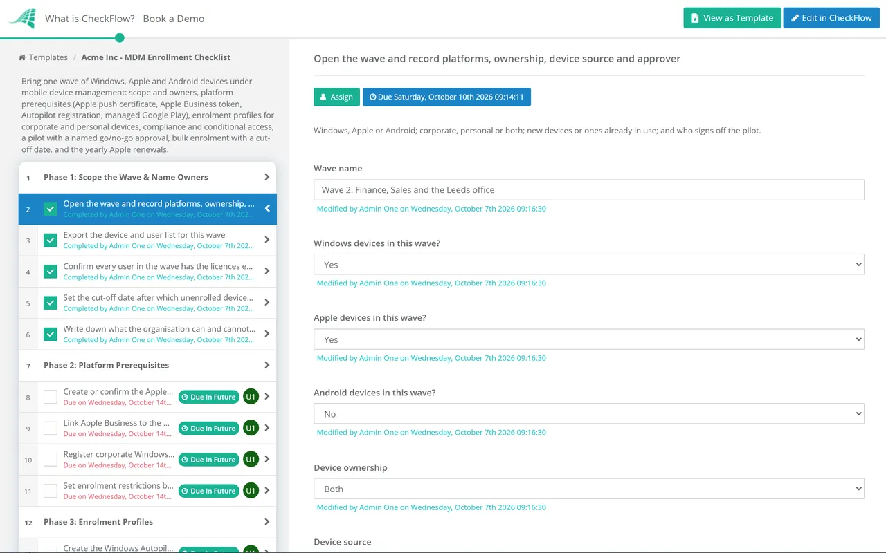 Live demo of the Mobile Device Management (MDM) Enrollment Checklist in CheckFlow