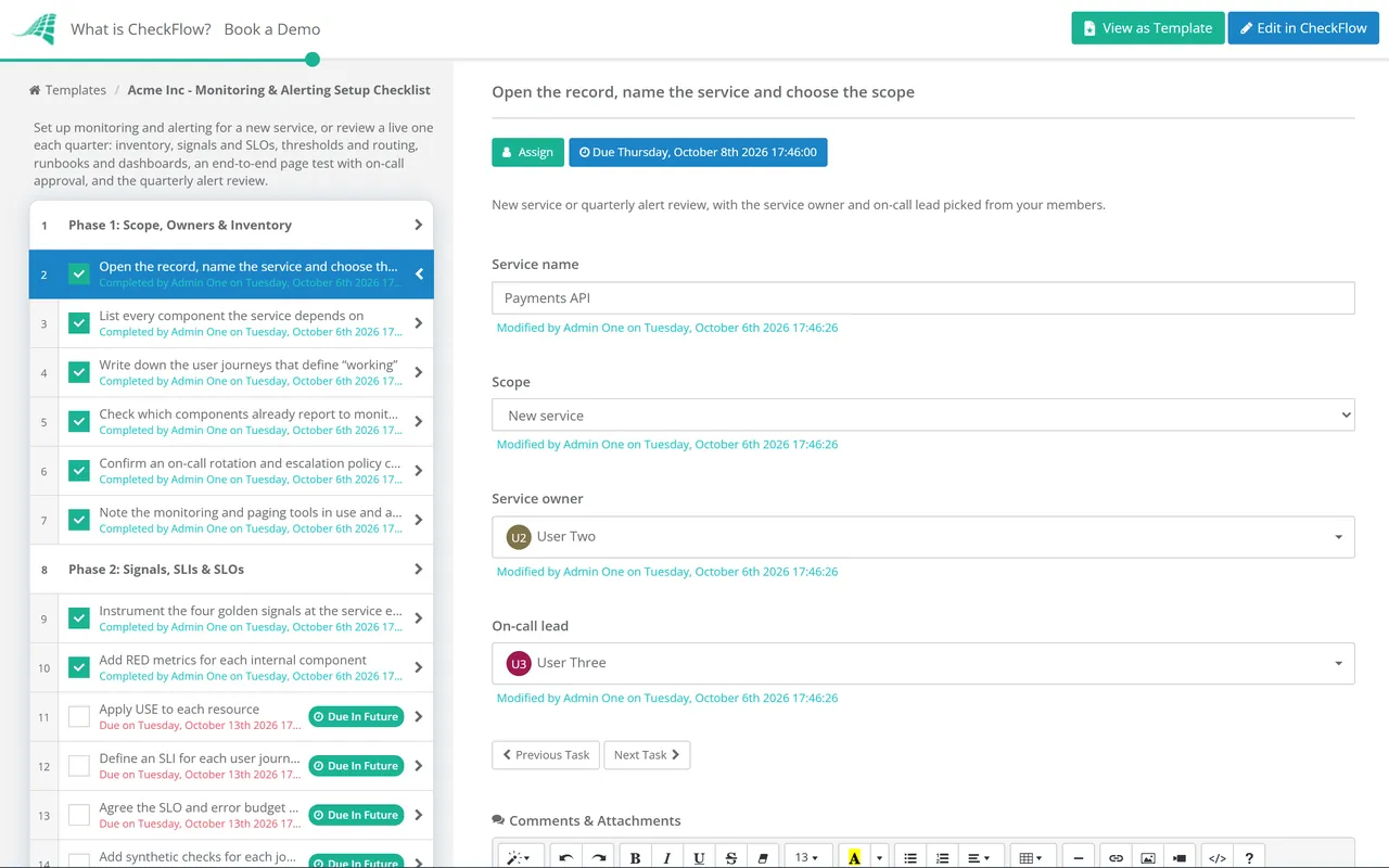 Live demo of the Monitoring & Alerting Setup Checklist in CheckFlow