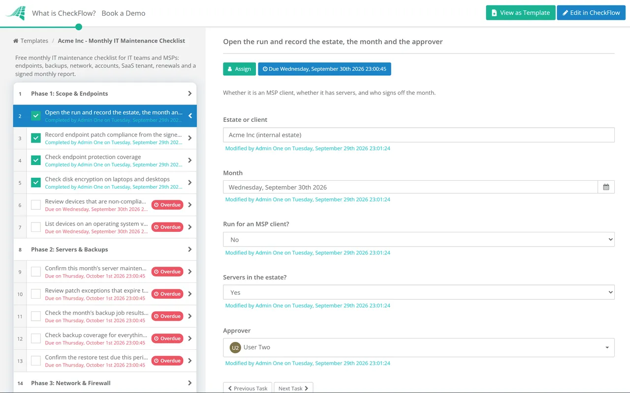 Live demo of the Monthly IT Maintenance Checklist in CheckFlow