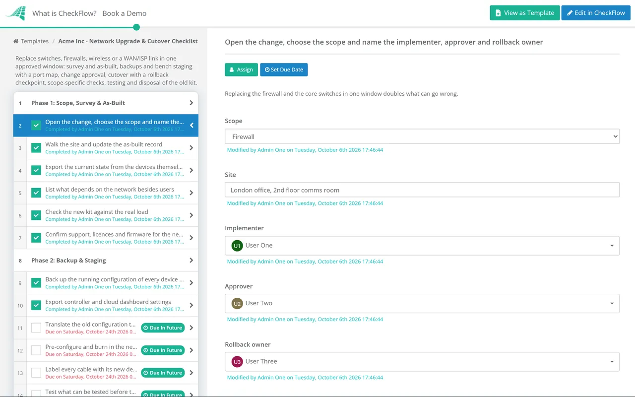 Live demo of the Network Upgrade & Cutover Checklist in CheckFlow
