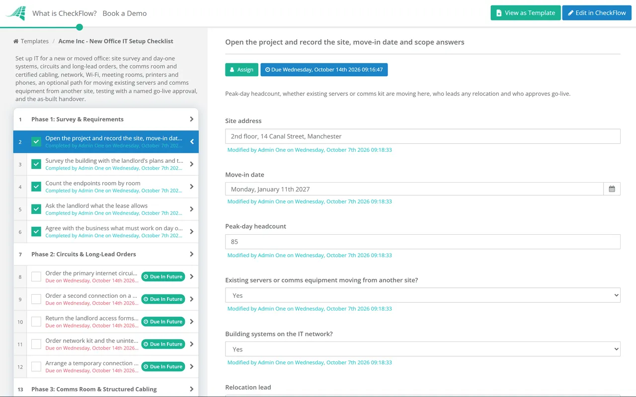 Live demo of the New Office IT Setup Checklist in CheckFlow