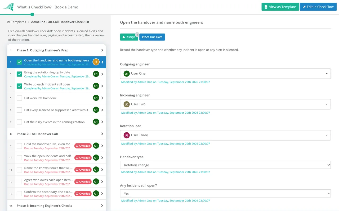 Live demo of the On-Call Handover Checklist in CheckFlow