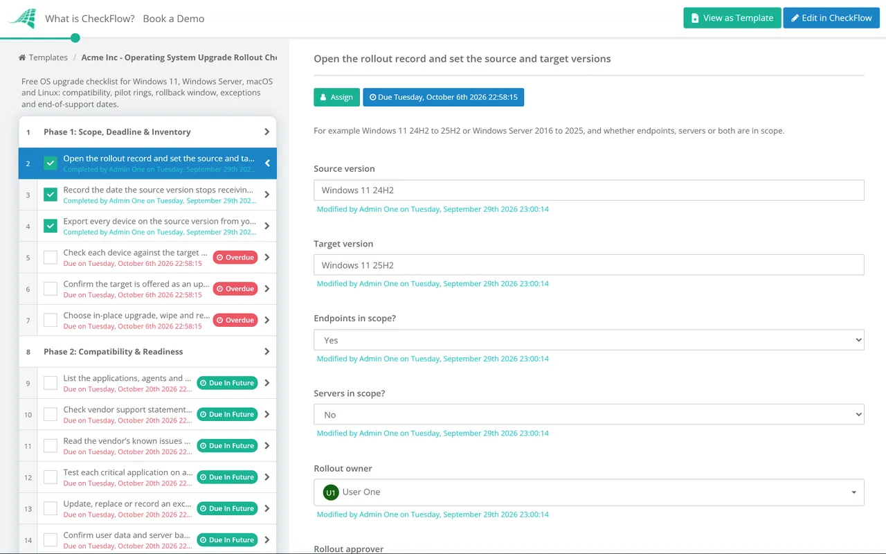 Live demo of the Operating System Upgrade Rollout Checklist in CheckFlow