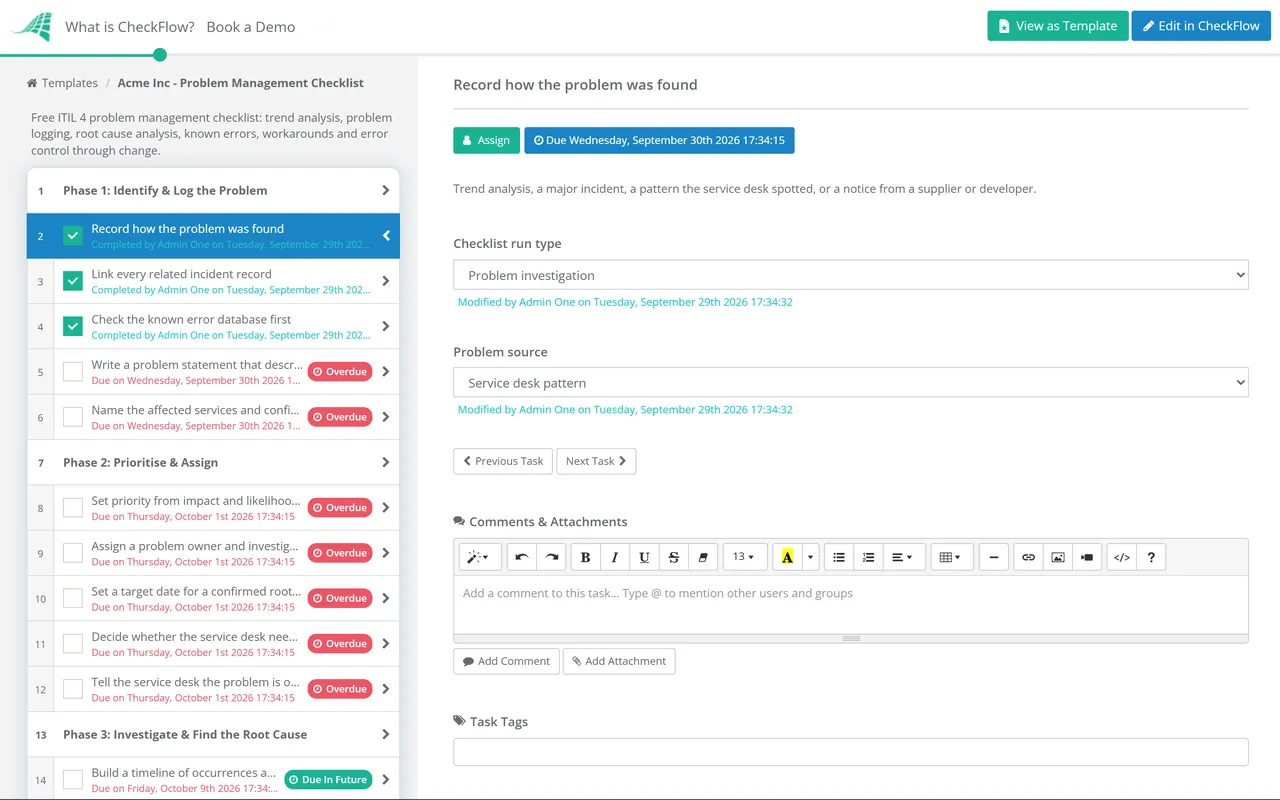Live demo of the Problem Management Checklist in CheckFlow