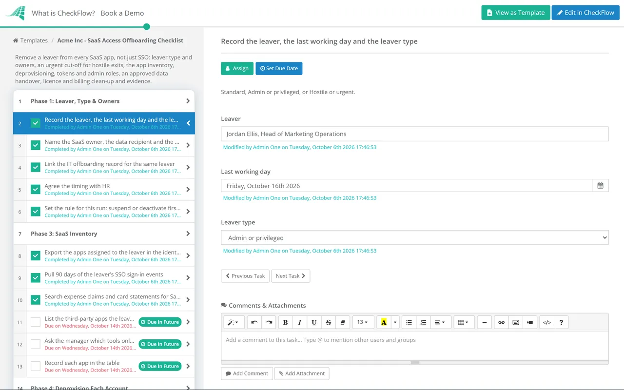 Live demo of the SaaS Access Offboarding Checklist in CheckFlow