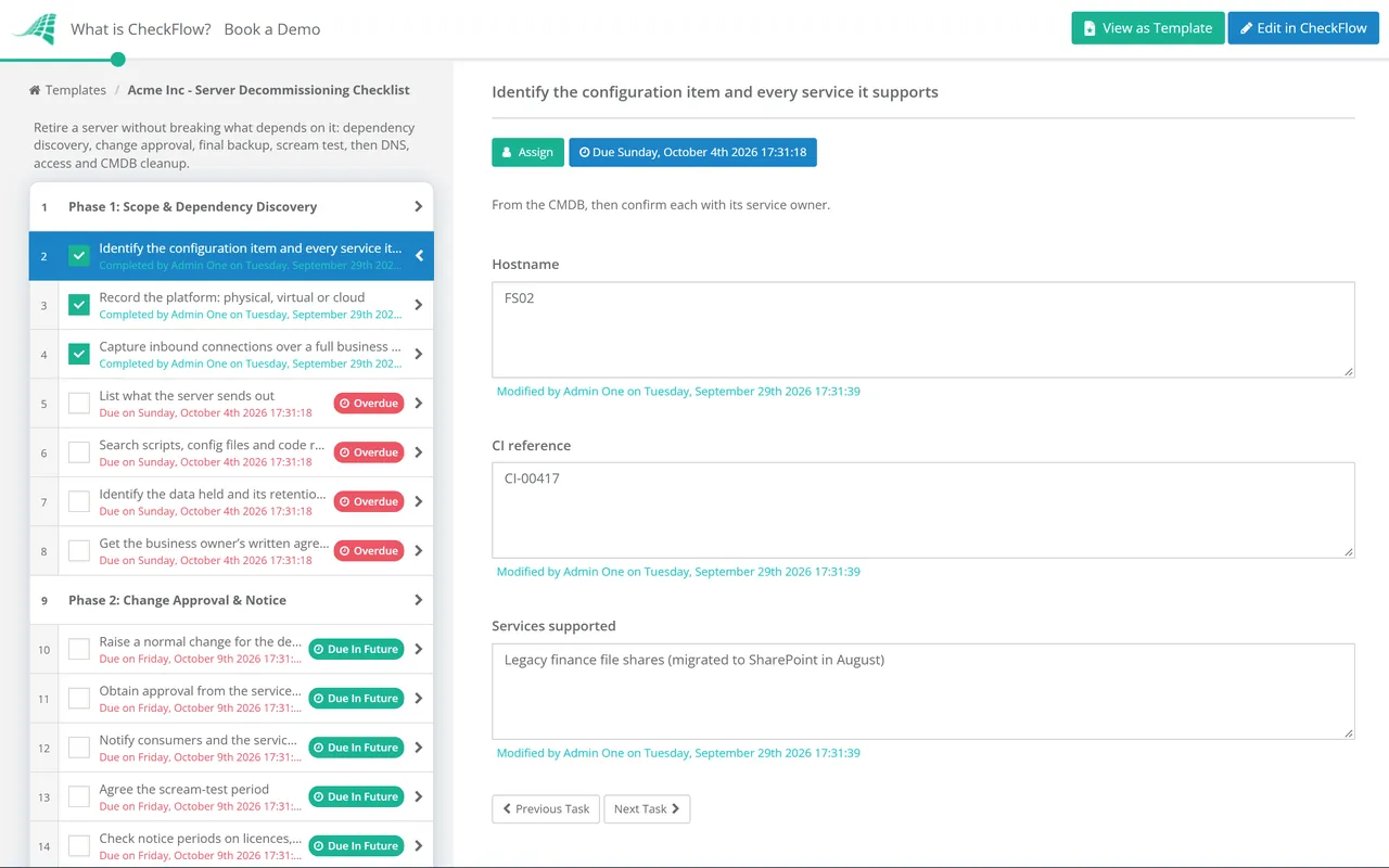 Live demo of the Server Decommissioning Checklist in CheckFlow