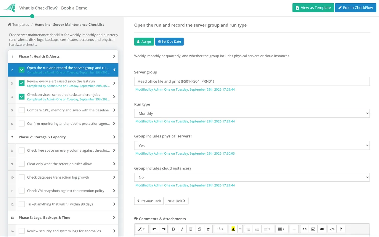 Live demo of the Server Maintenance Checklist in CheckFlow